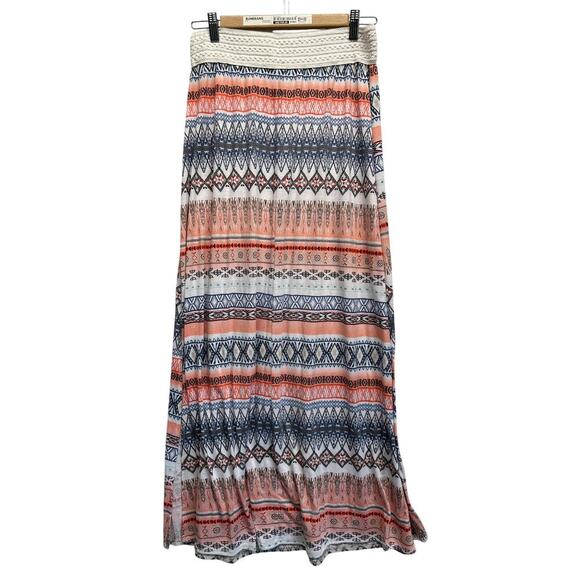 Vanity Maxi Skirt L Boho Tribal Aztec Print Peach Blue White Stretch Waist 45” - Picture 6 of 7